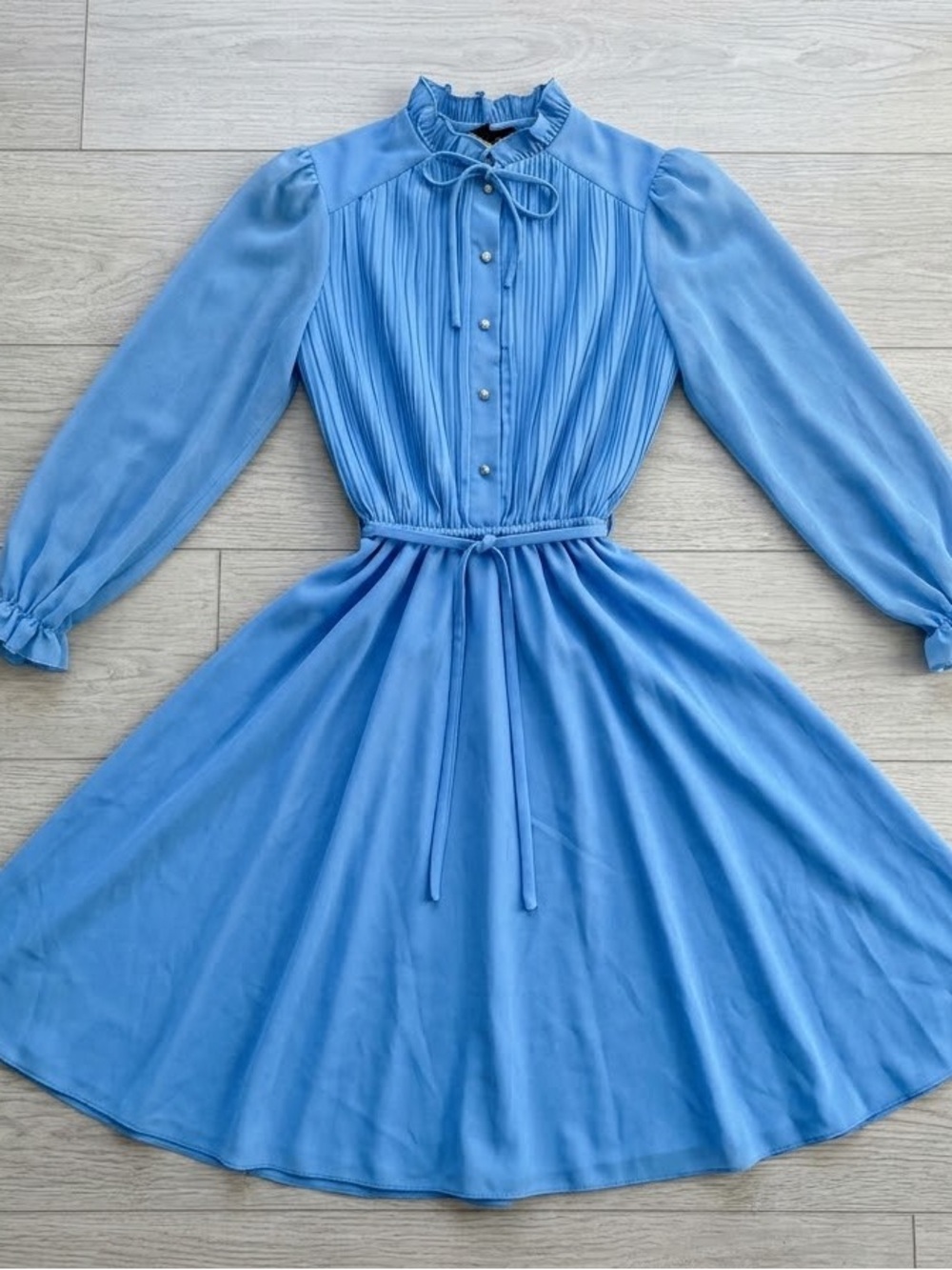 Vintage 70s Georgee Blue Long Sleeve Pleated Waist Tie Dress
